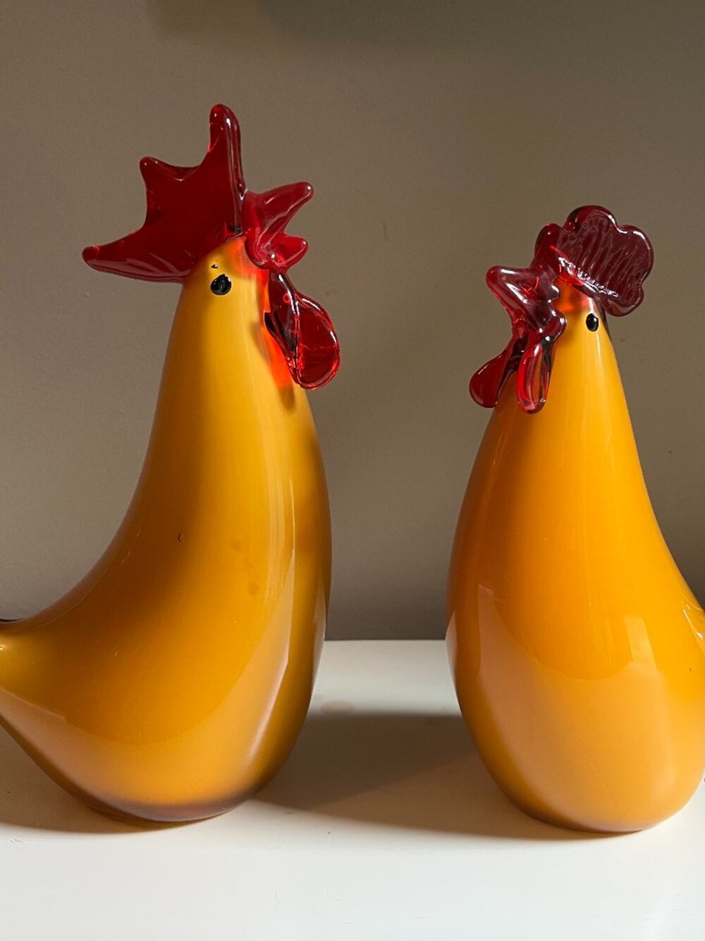 Glass Rooster & Chicken Pair Yellow With Red Comb Beak Excellent Condition